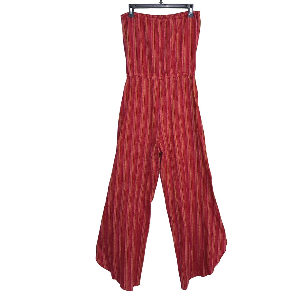 Drew Anthropologie Strapless Jumpsuit Womens M Red Striped Linen Blend Tulip Leg - Picture 2 of 11